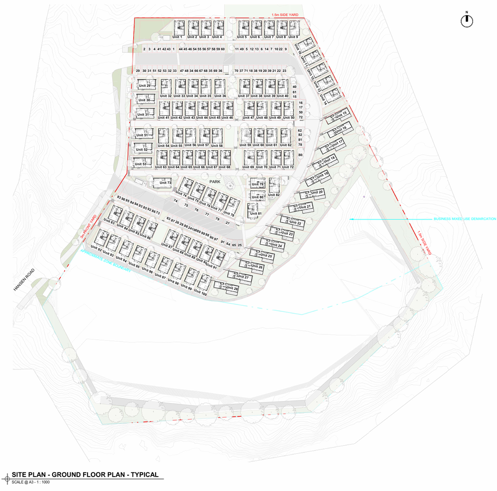 Ground-floor design masterplan for The Crest Chalets at 52 Hansen Road, showing housing blocks, internal roads and the wider site contours. It is development context, not an as-built drawing.
