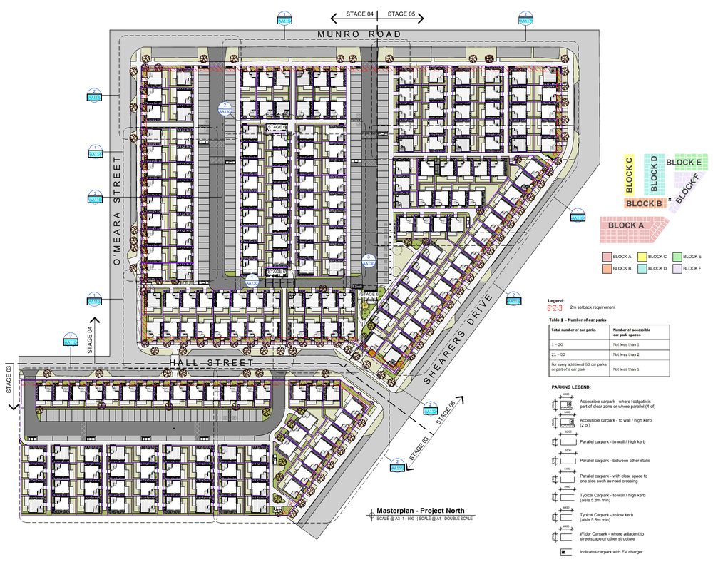 Proposed development site plan for Five Mile Villas, showing the full arrangement of housing blocks and roads. This is development context, not a map of the BLS electrical scope.