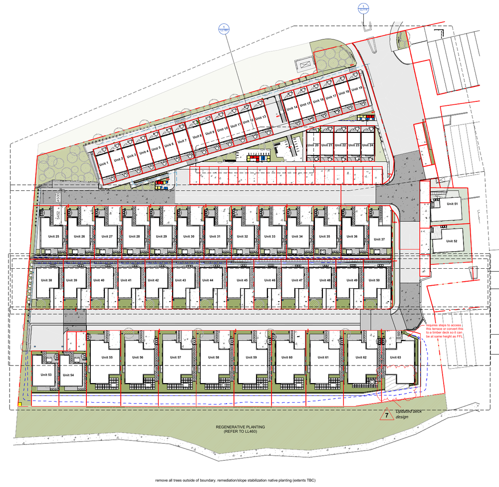 Landscape masterplan for the complete 63-home development at 633 Frankton Road, including units 1 to 63, internal roads and planted areas.