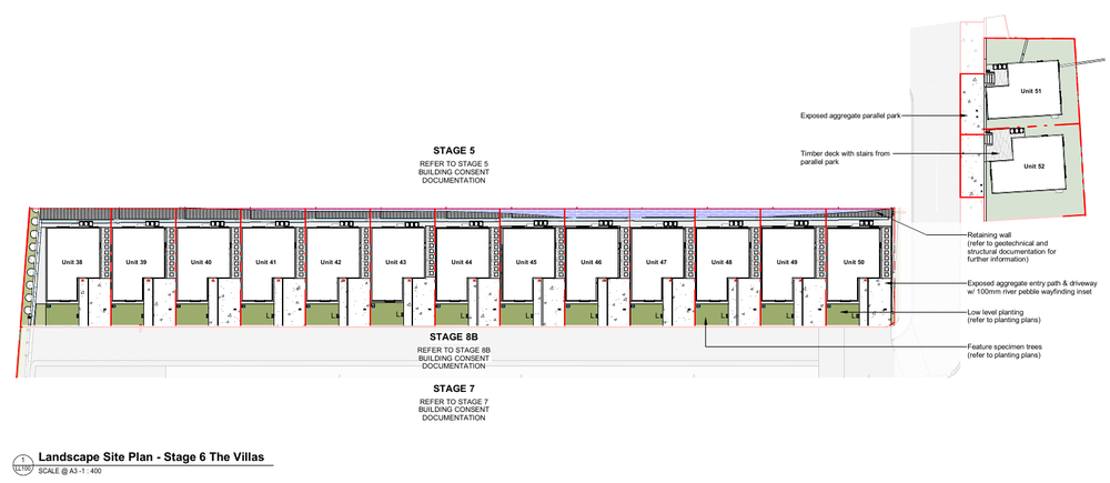 Landscape design plan for a villa stage at 633 Frankton Road, showing a row of villas and planted outdoor areas. It shows a selected development stage, not the BLS electrical scope.