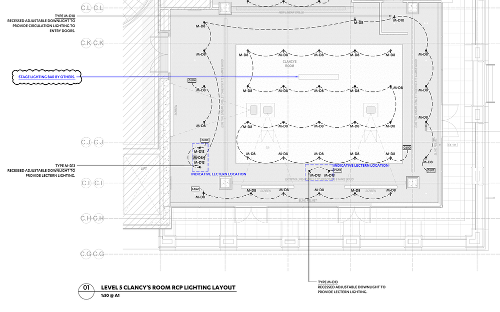 Lighting design drawing of Clancy’s conference room, with the room layout and lighting control groups. The original stage-lighting-by-others note is retained.