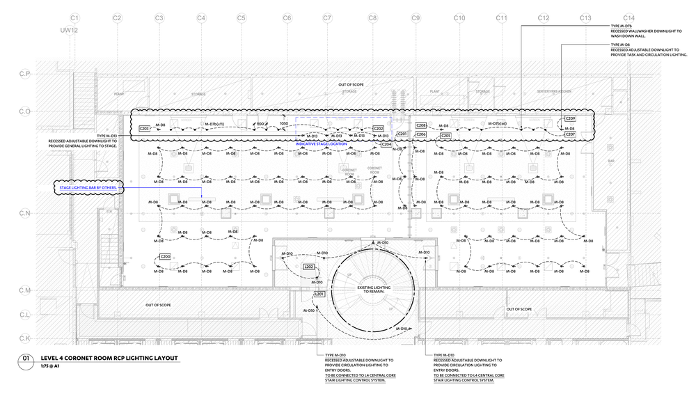Design drawing of the Coronet conference room lighting layout, with rows of luminaires and curved control-group lines around the central stair.