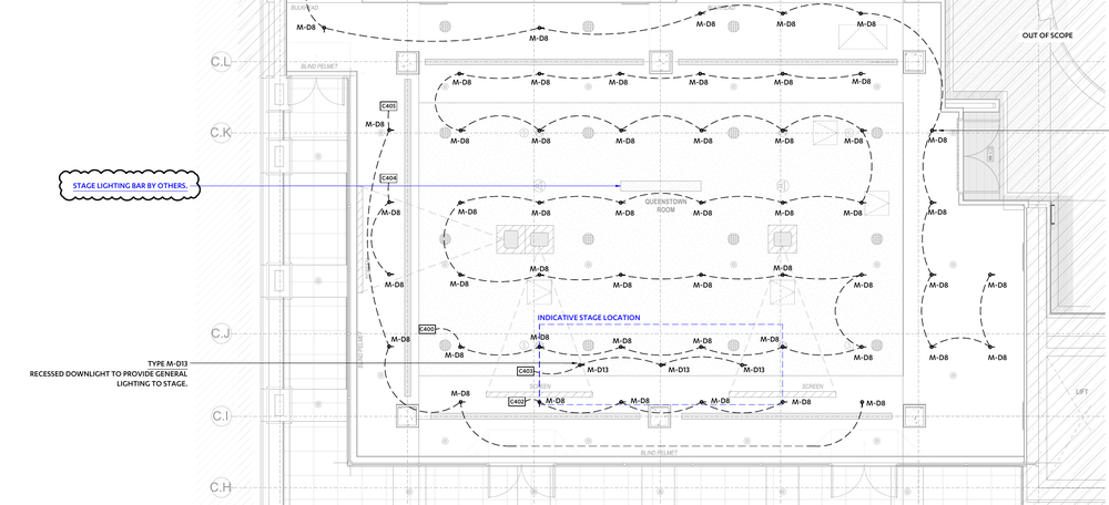 Queenstown conference room lighting plan showing luminaire groups and the indicative stage location.