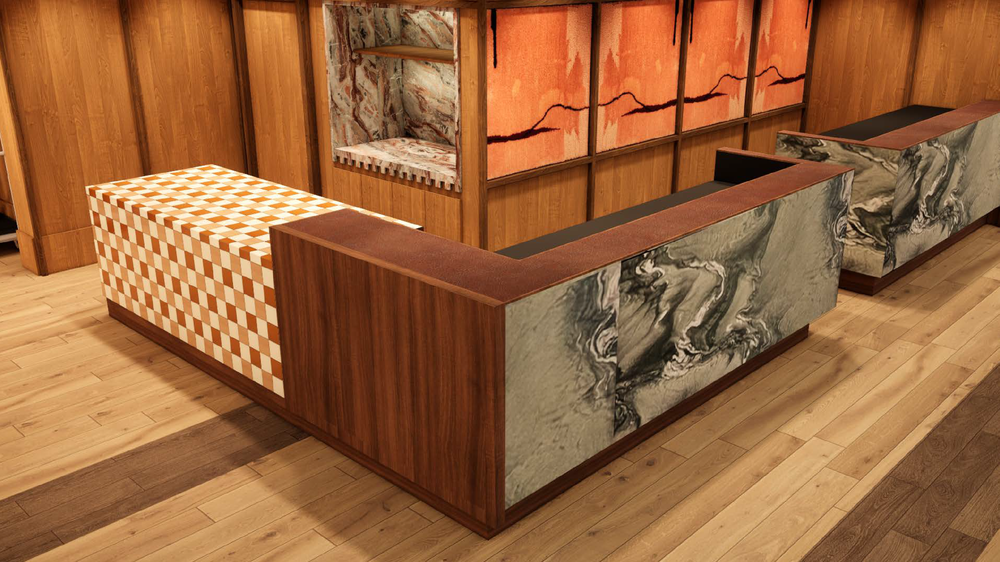 Interior design concept showing the QT reception counter in timber and marble with warm wall finishes. This is a design rendering, not a photograph of completed work.