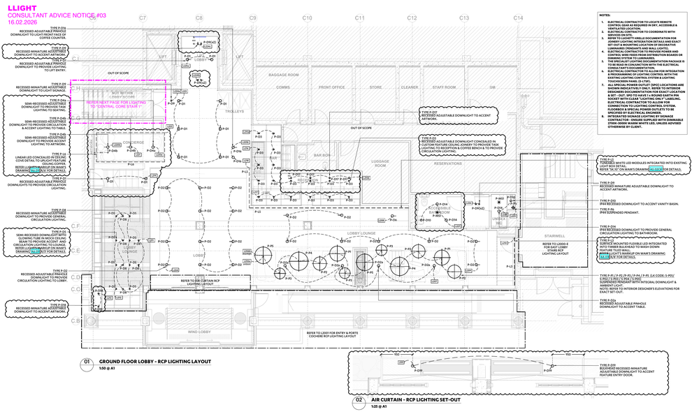 Lighting design plan for QT reception, lift lobby and lounge, including feature lighting and control-group lines. It is a design drawing, not an as-built record.