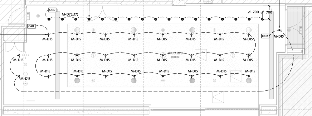Lighting design drawing of the Wakatipu conference room, showing luminaire positions and control groups. The excerpt excludes the neighbouring Queenstown Room.
